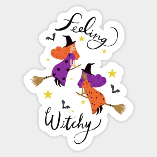 "Feeling Witchy" - Hand lettered // Orange & Purple haired witches (Halloween design) Sticker